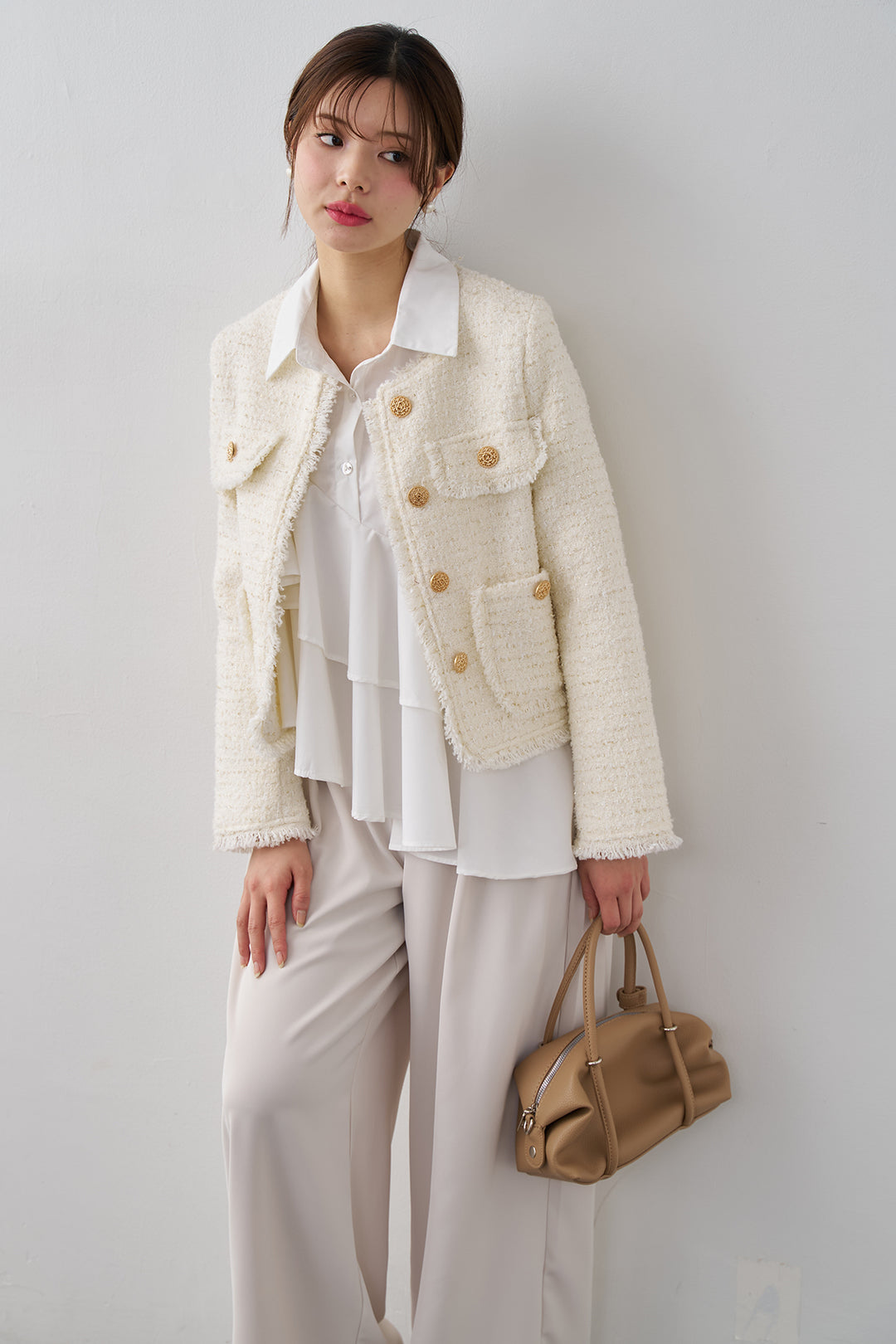 [予約/SET]フリンジツイードゴールドボタンジャケット+エステルツイルタックワイドカラーパンツ(2set)