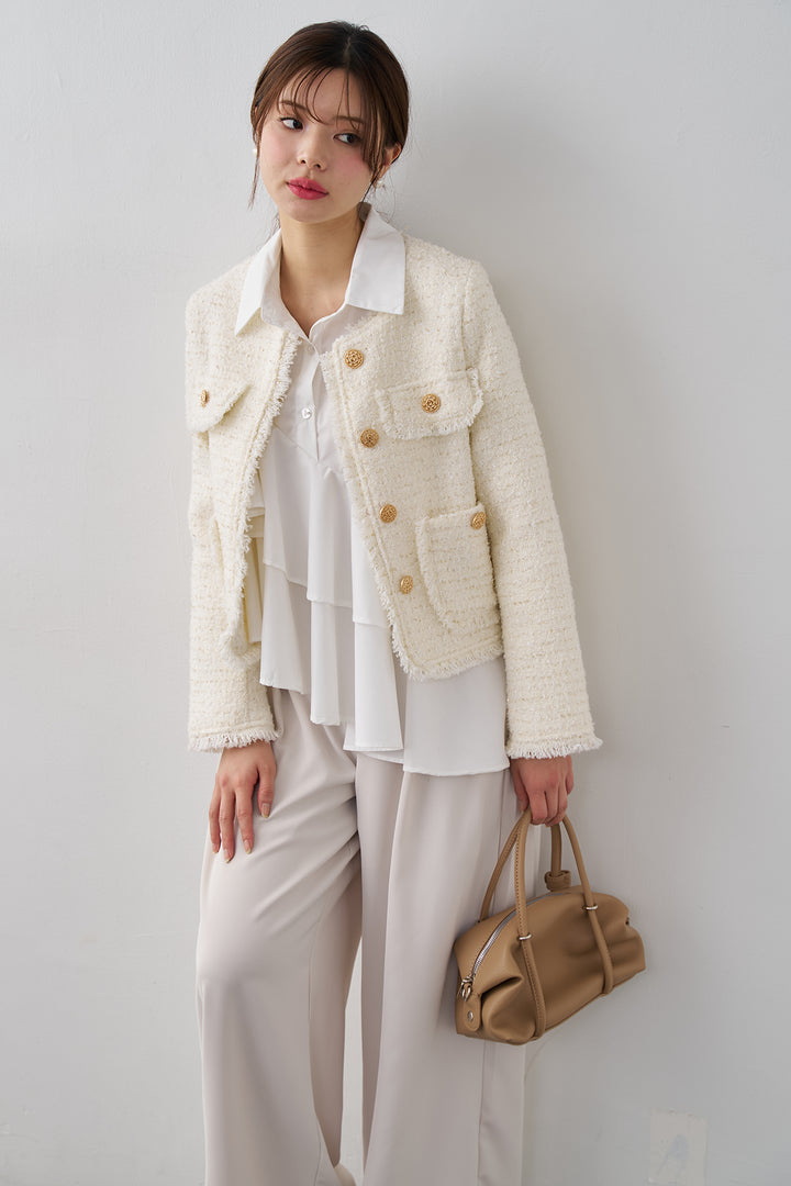 [予約/SET]フリンジツイードゴールドボタンジャケット+エステルツイルタックワイドカラーパンツ(2set)