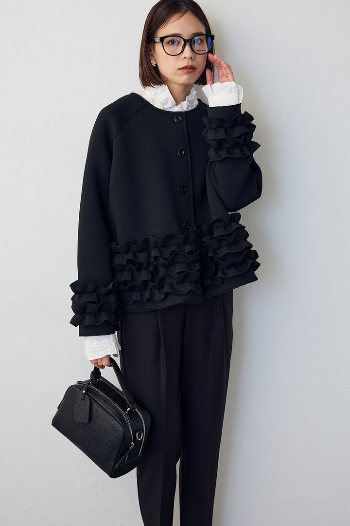 [予約/SET]ローズモチーフフリルカラーシャツ+フリルティアードボンディングクロップドコート+タックテーパードパンツ(3set)