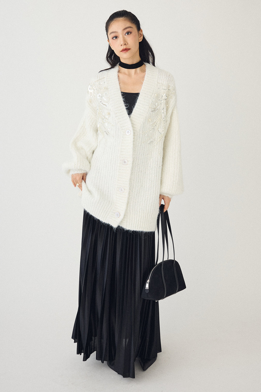 [予約/SET]ビーズフラワースパンコールシャイニーニットカーデ+シャイニープリーツサテンスカート(2set)