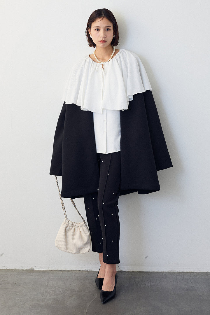 [予約/SET]BIGフリルカラーブラウス+フリルポケットボンディングノーカラーコート+センターシームランダムパールパンツ(3set)