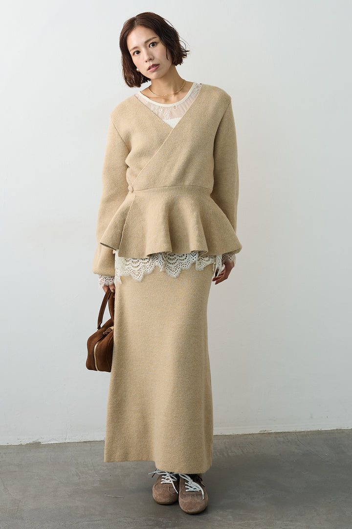 [予約/SET]ファインレーストップス+カシュクールフレアニットスカートセットアップ(2set)