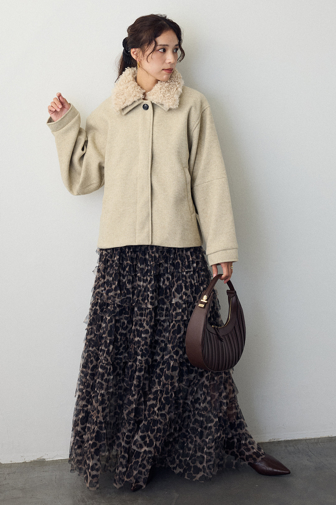 [予約/SET]プードル襟2wayコート+レオパードチュールティアードスカート(2set)