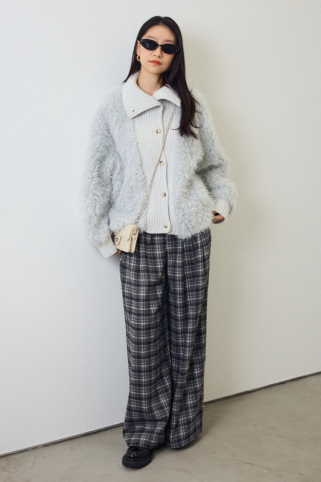 [予約/SET]シャギーファー×リブニットミックスジャケット+ハイウエストチェックセミワイドパンツ(2set)