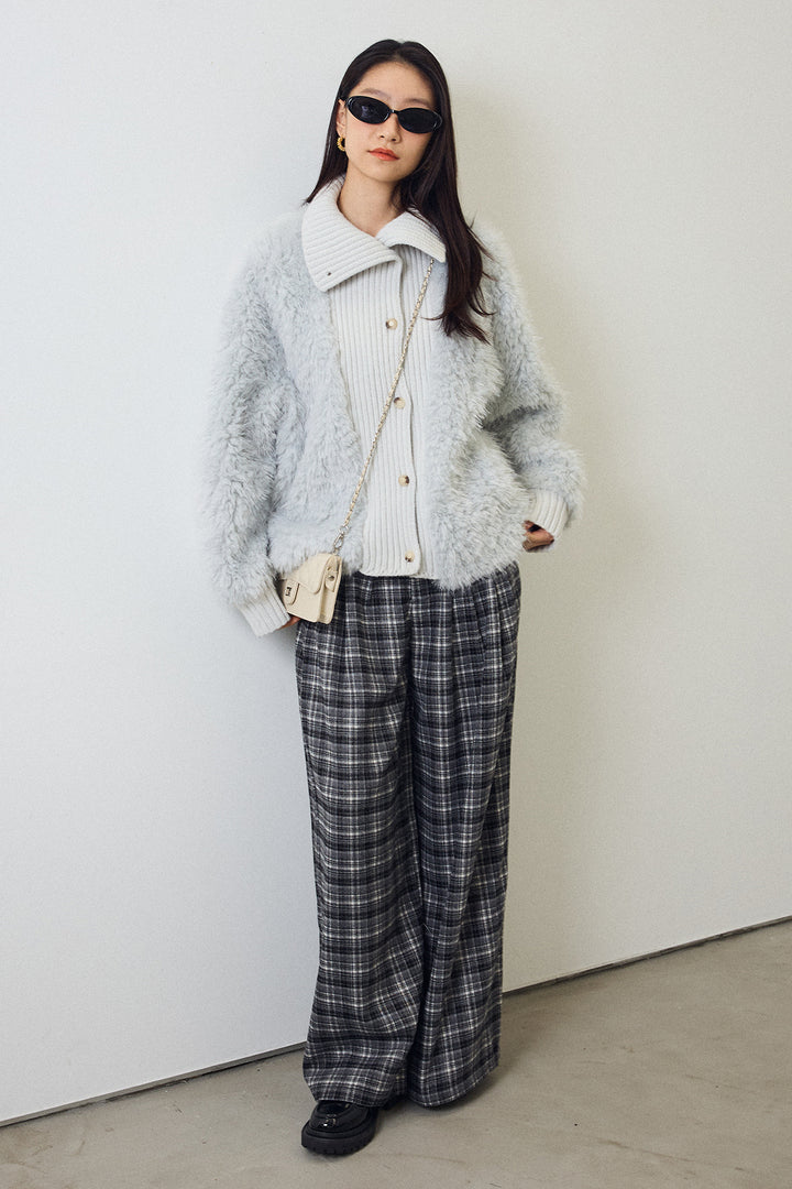 [予約/SET]シャギーファー×リブニットミックスジャケット+ハイウエストチェックセミワイドパンツ(2set)