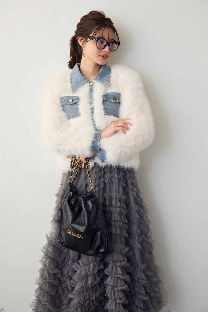 [予約/SET]デニムシャツドッキングファージャケット+スフレアシメチュールスカート(2set)