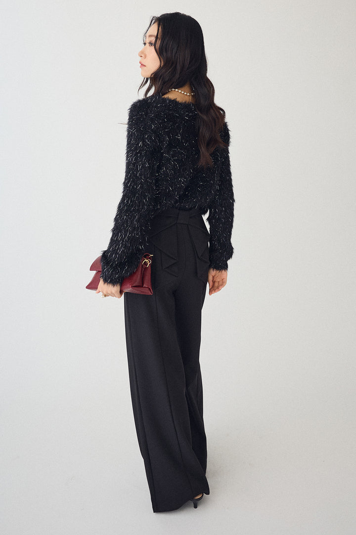 [予約/SET]ゴールドボタンラメシャギーニット+バックリボンストレートパンツ(2set)