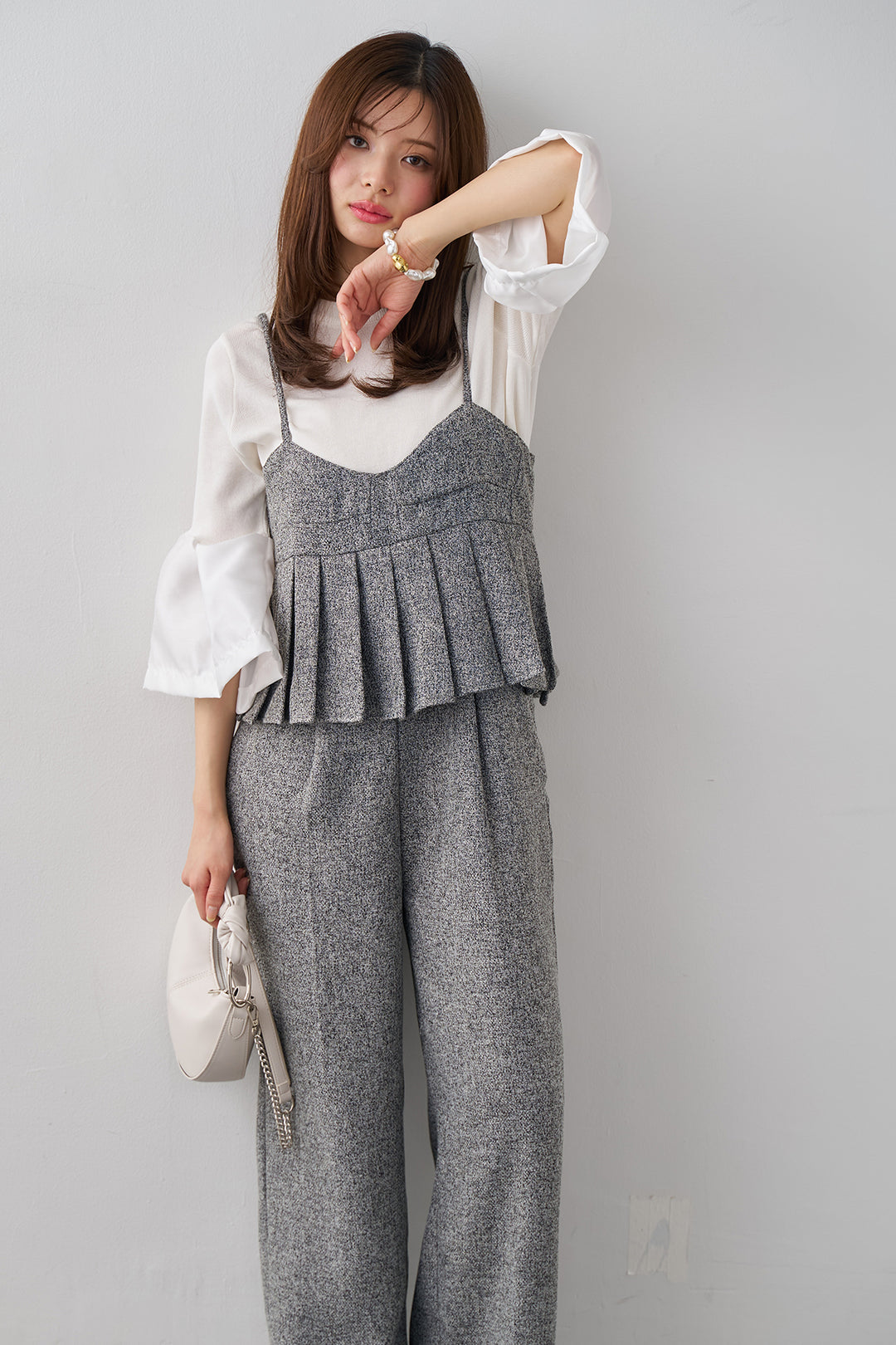 [予約/SET]タックフレア異素材ドッキングニットPO+プリーツビスチェオールインワン(2set)