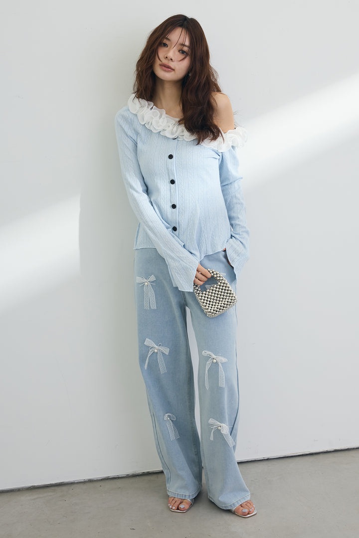 [予約/SET]フリルモチーフアシメオフショルフレアトップス+メニーリボン美ラインデニムパンツ(2set)