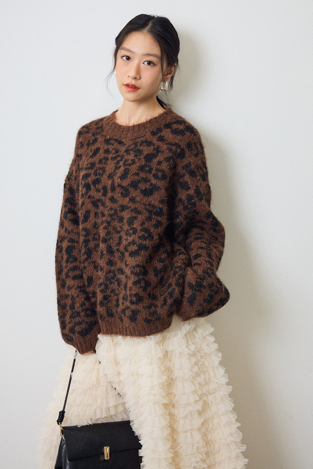 [予約/SET]レオパードクルーネックニットプルオーバー+ホイップチュールティアードスカート(2set)