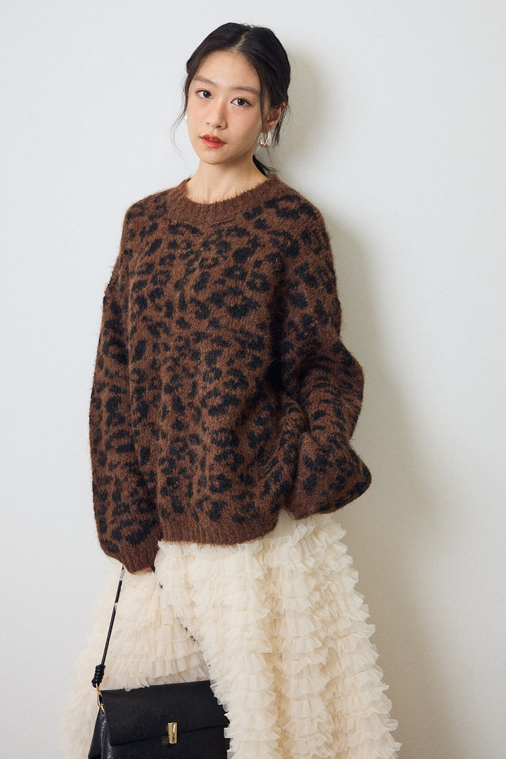 [予約/SET]レオパードクルーネックニットプルオーバー+ホイップチュールティアードスカート(2set)