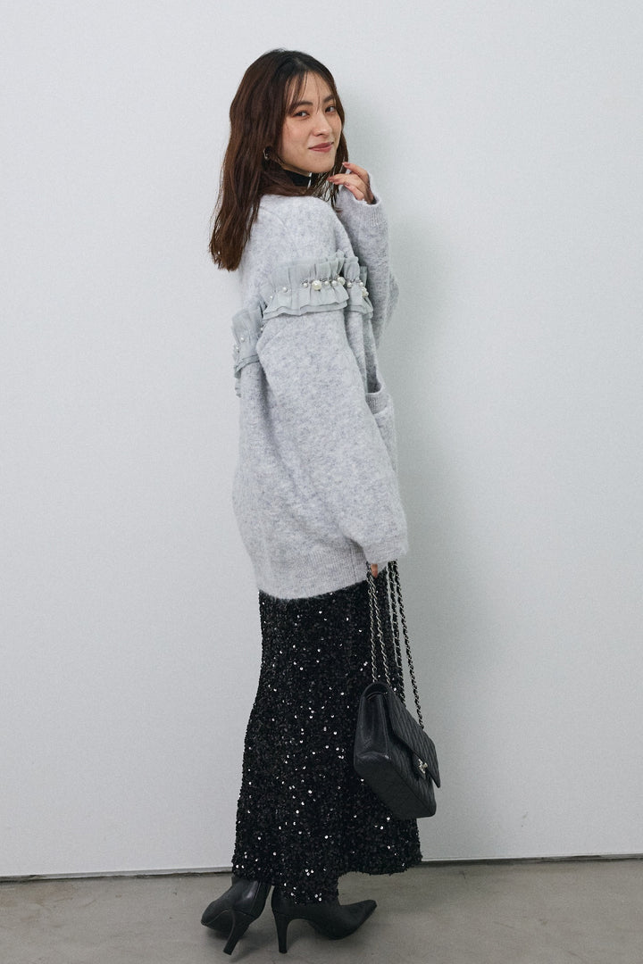 [予約/SET]フリルパールドッキングニットコーディガン+スパンコールシャイニースカート(2set)