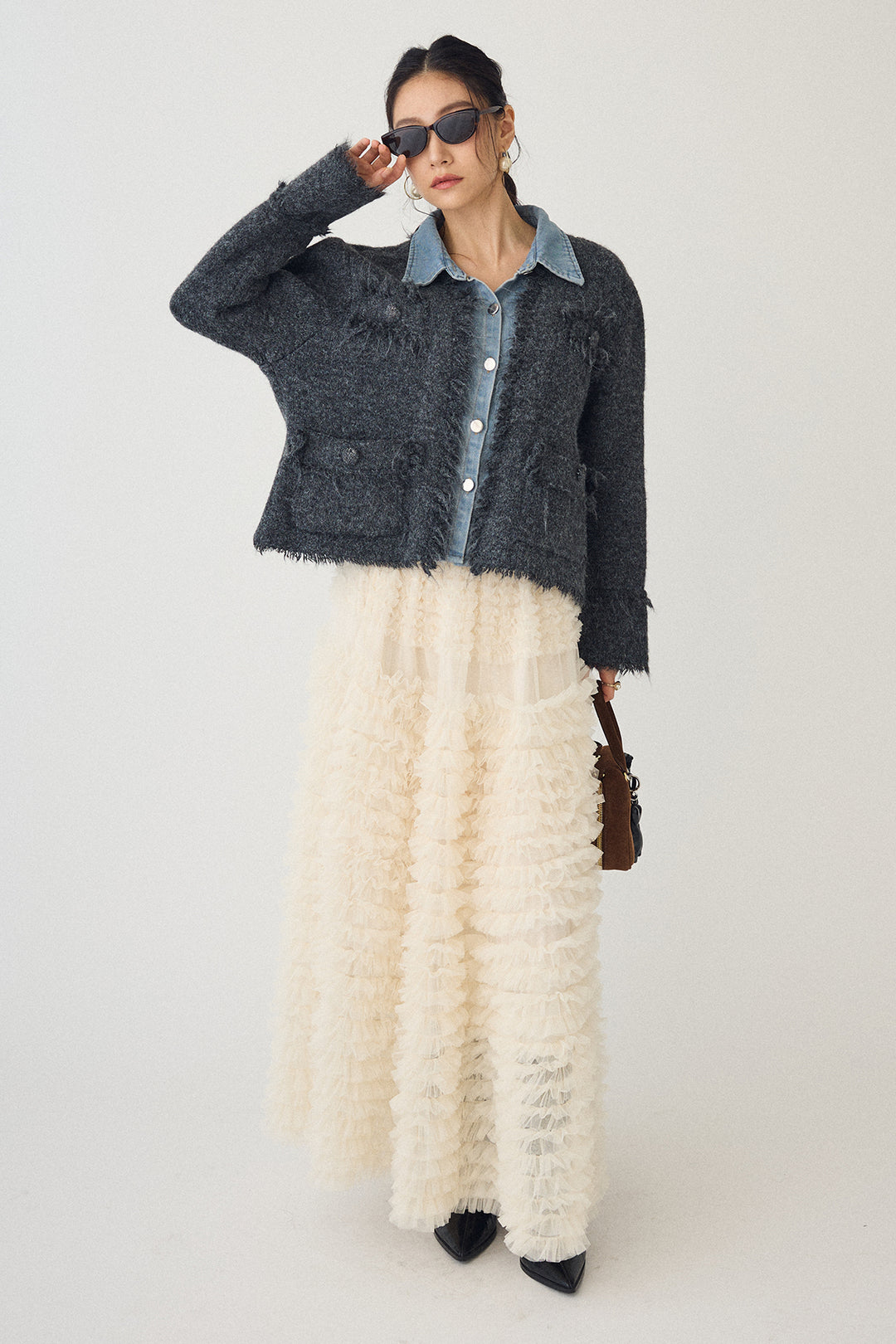 [予約/SET]デニムシャツドッキングツイードカーデ+ホイップチュールティアードスカート(2set)