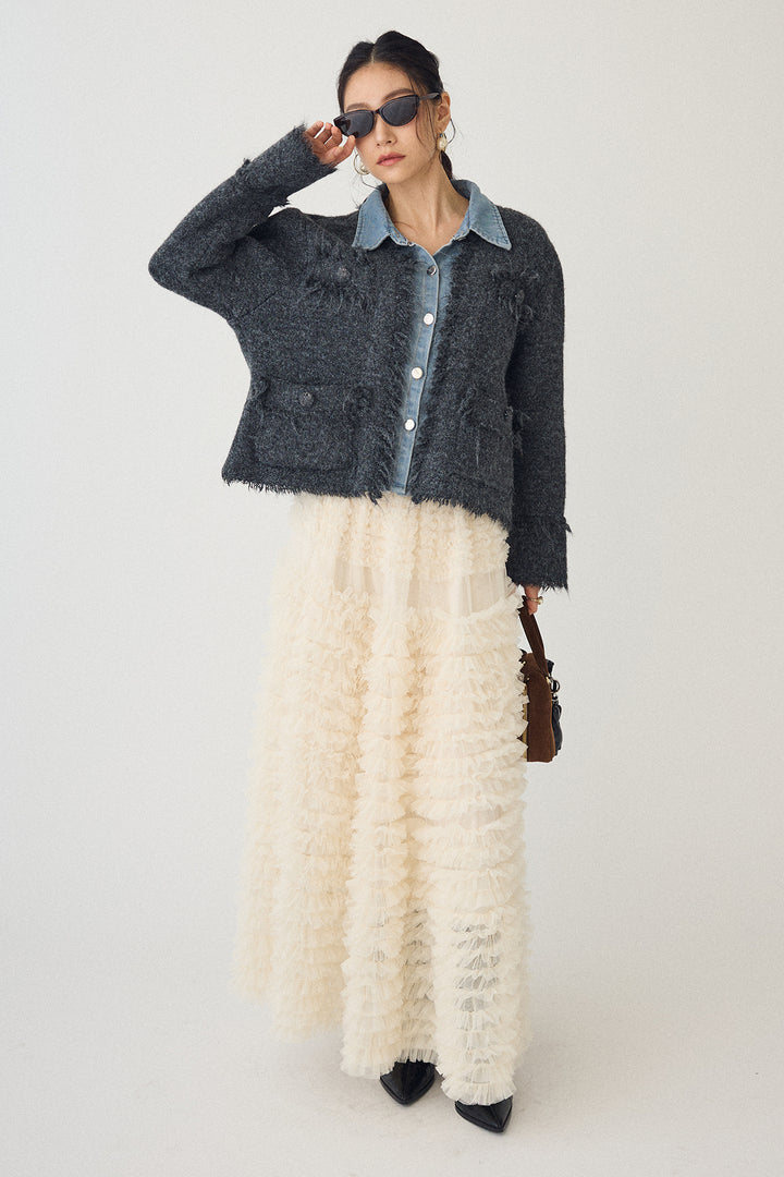 [予約/SET]デニムシャツドッキングツイードカーデ+ホイップチュールティアードスカート(2set)