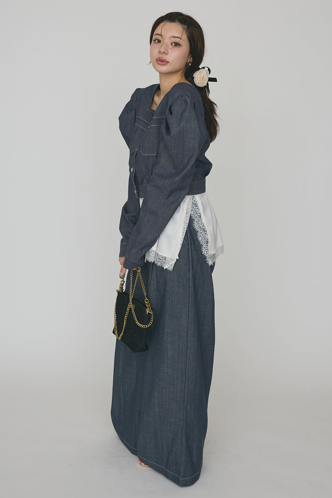 [予約/SET]ステッチパフスリーブクロップドジャケット+ステッチデザインハイウエストデニムパンツ(2set)