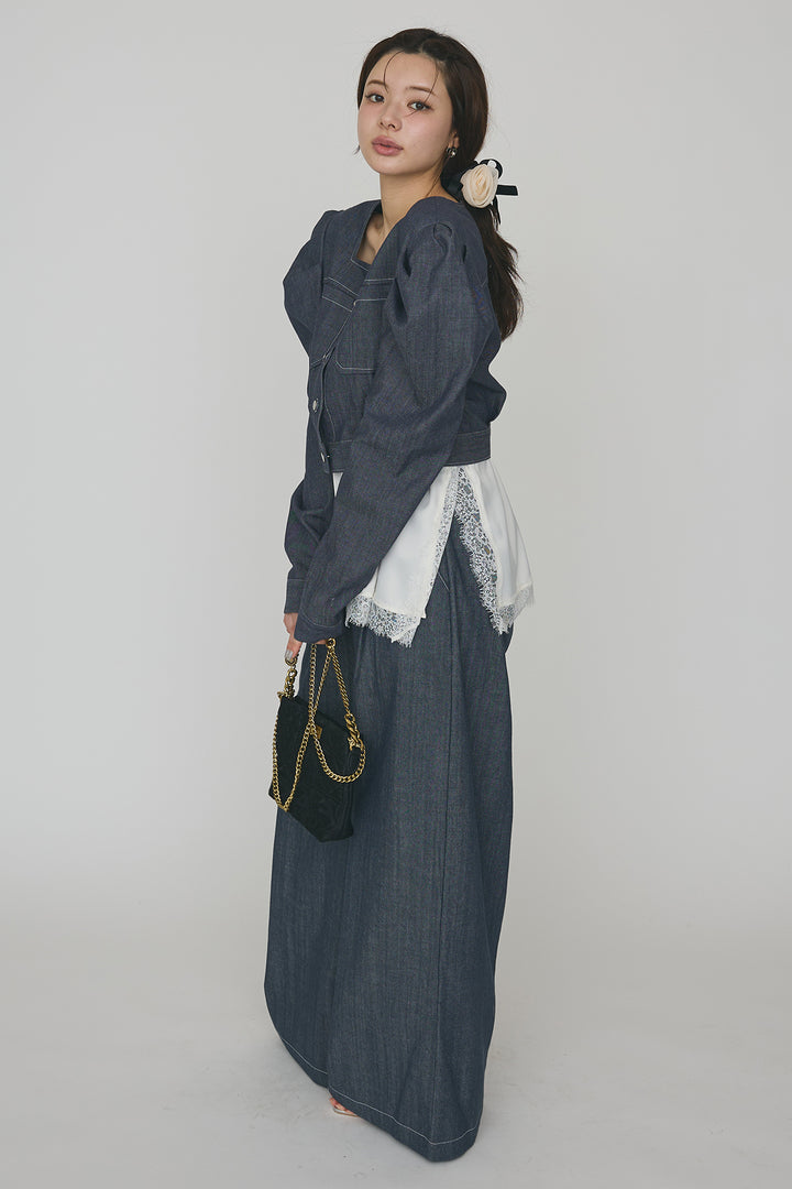 [予約/SET]ステッチパフスリーブクロップドジャケット+ステッチデザインハイウエストデニムパンツ(2set)