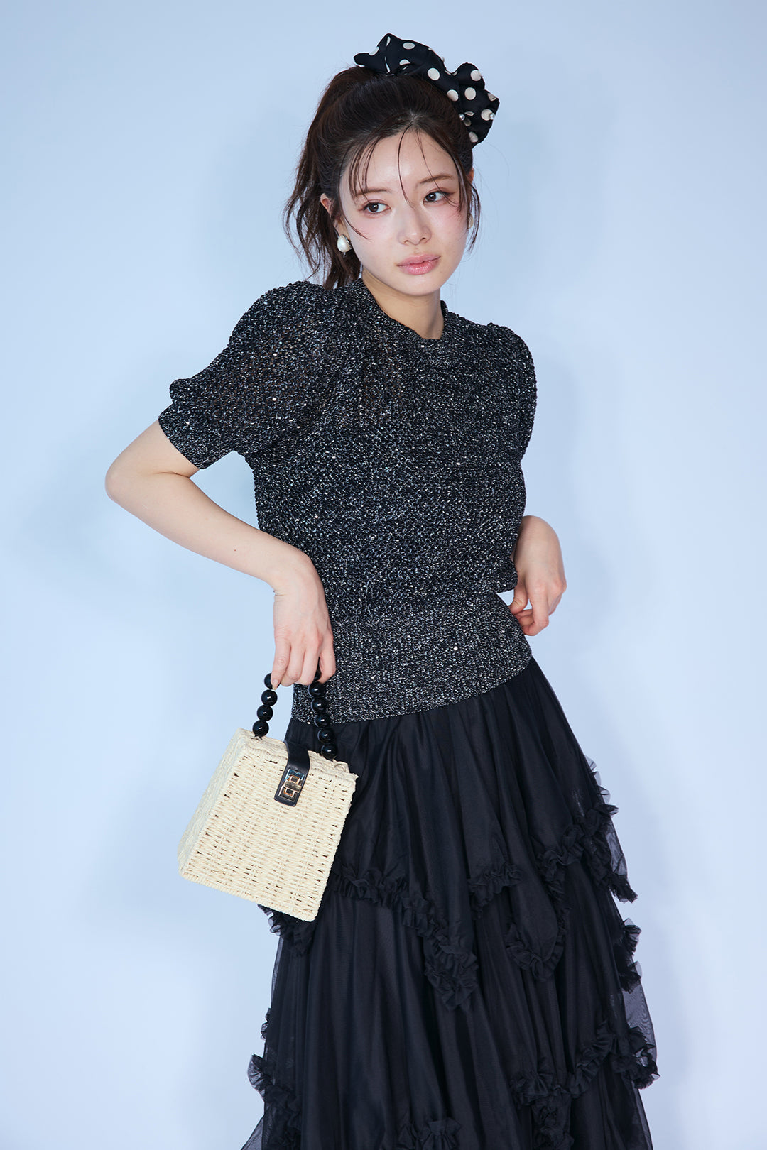 [予約]ラメ混パフスリーブハーフスリーブニット