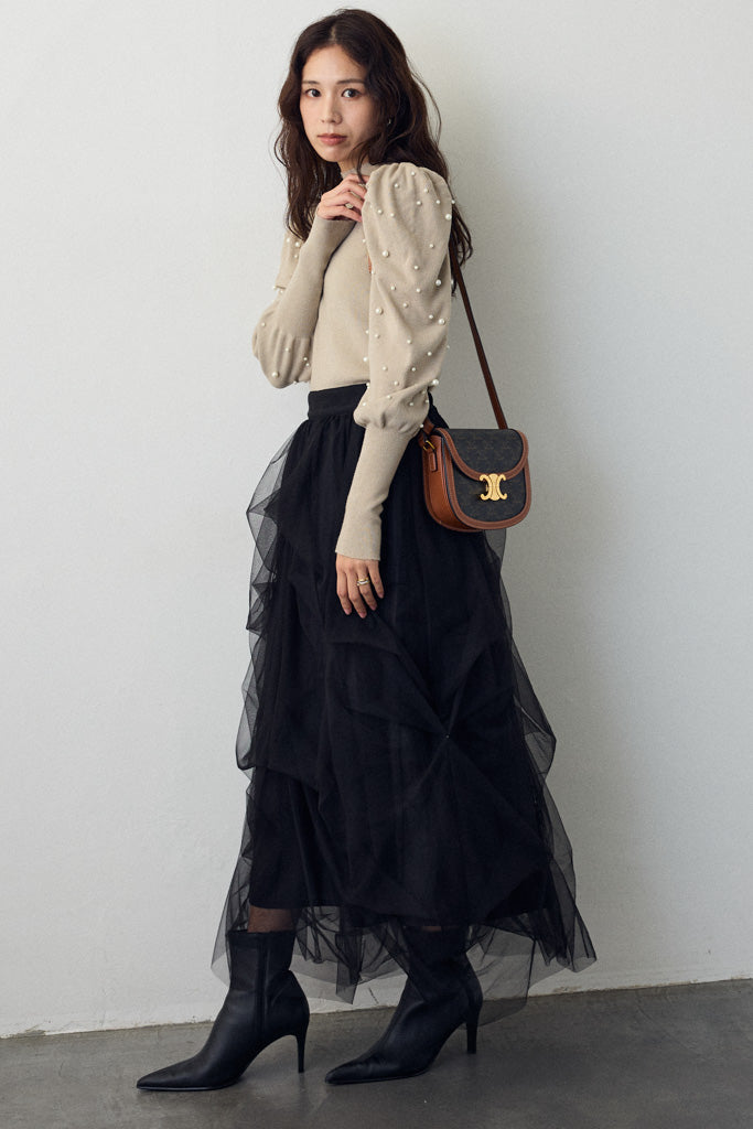 [予約]パフスリーブランダムパールニット