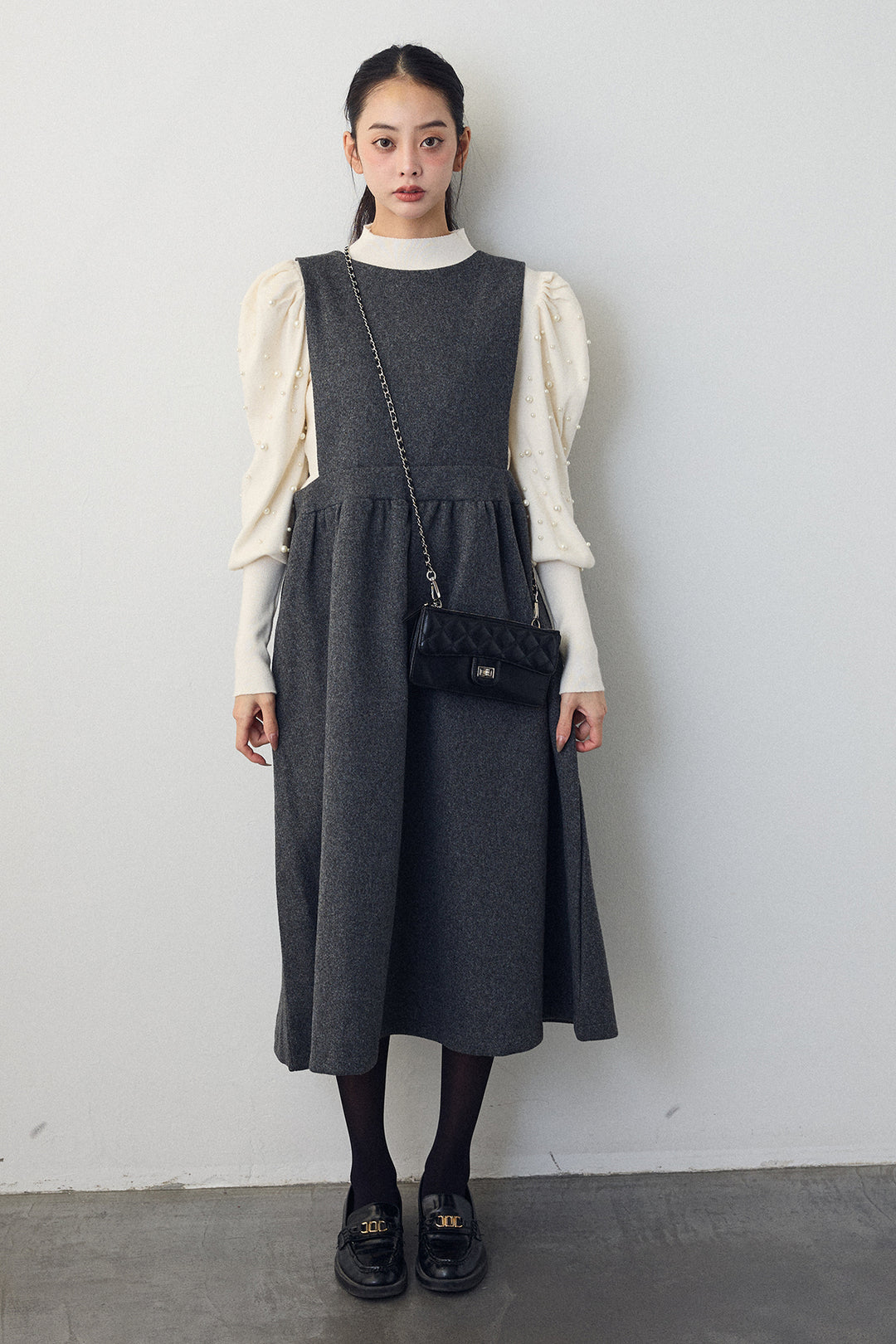 [予約/SET]パフスリーブランダムパールニット+バックリボンボックスシルエットジャンスカ(2set)