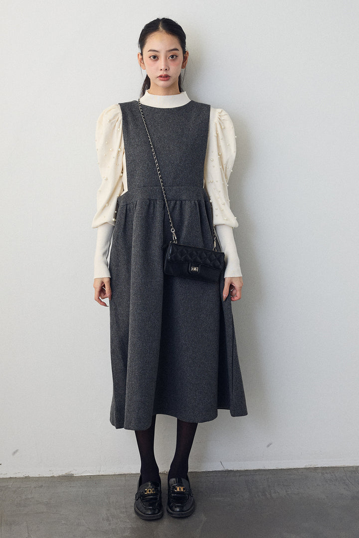 [予約/SET]パフスリーブランダムパールニット+バックリボンボックスシルエットジャンスカ(2set)