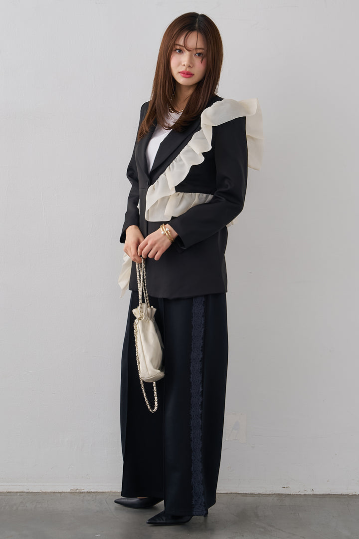 [予約/SET]アシメフリルマニッシュジャケット+サイドレースWフェイスカットソーパンツ(2set)