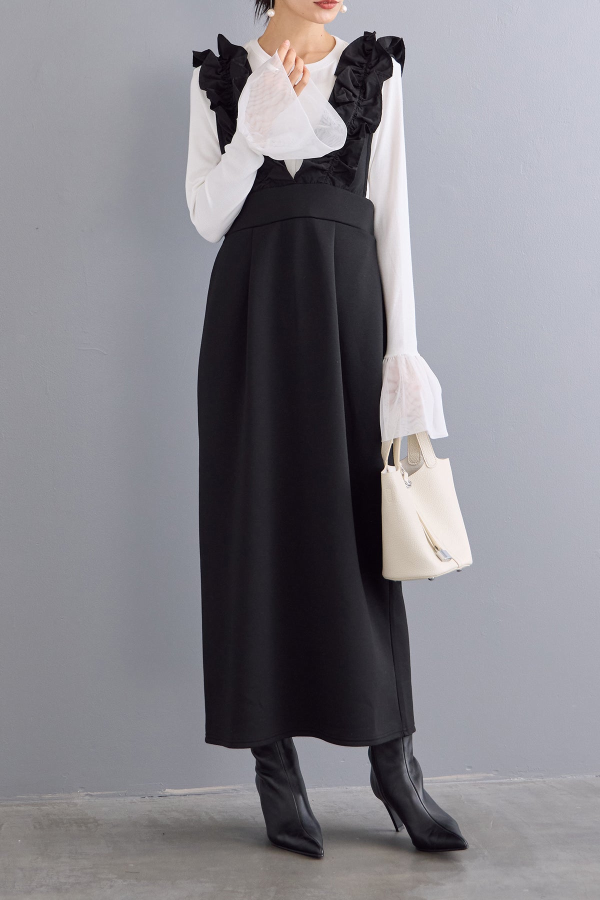 予約/SET]チュールシアーカフスリブニット+異素材フリルショルダー