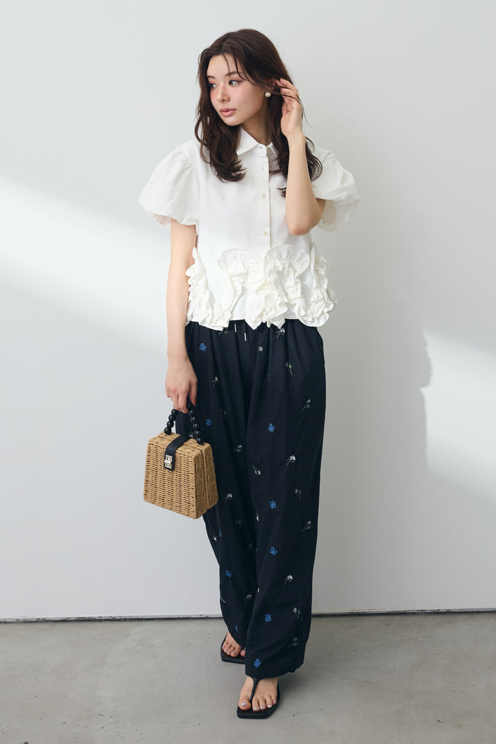 [予約]フラワー刺繍ローンイージーパンツ