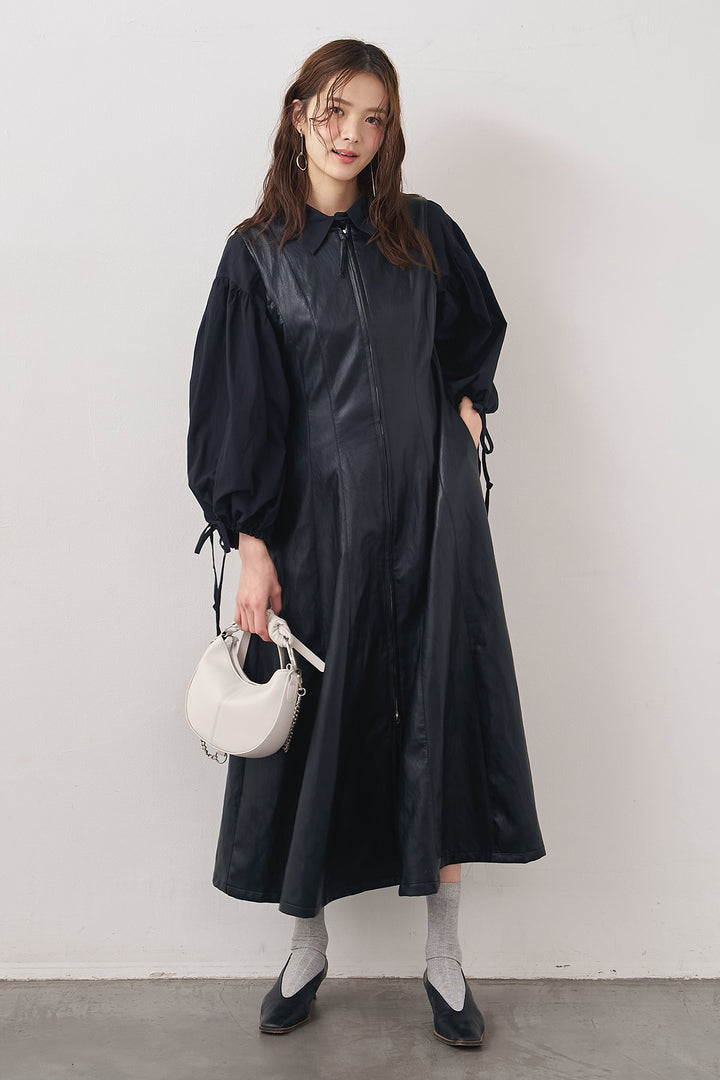 [予約/SET]ワイドスリーブドロストクロップドシャツ+フロントZIPレザーライクジャンスカ(2set)