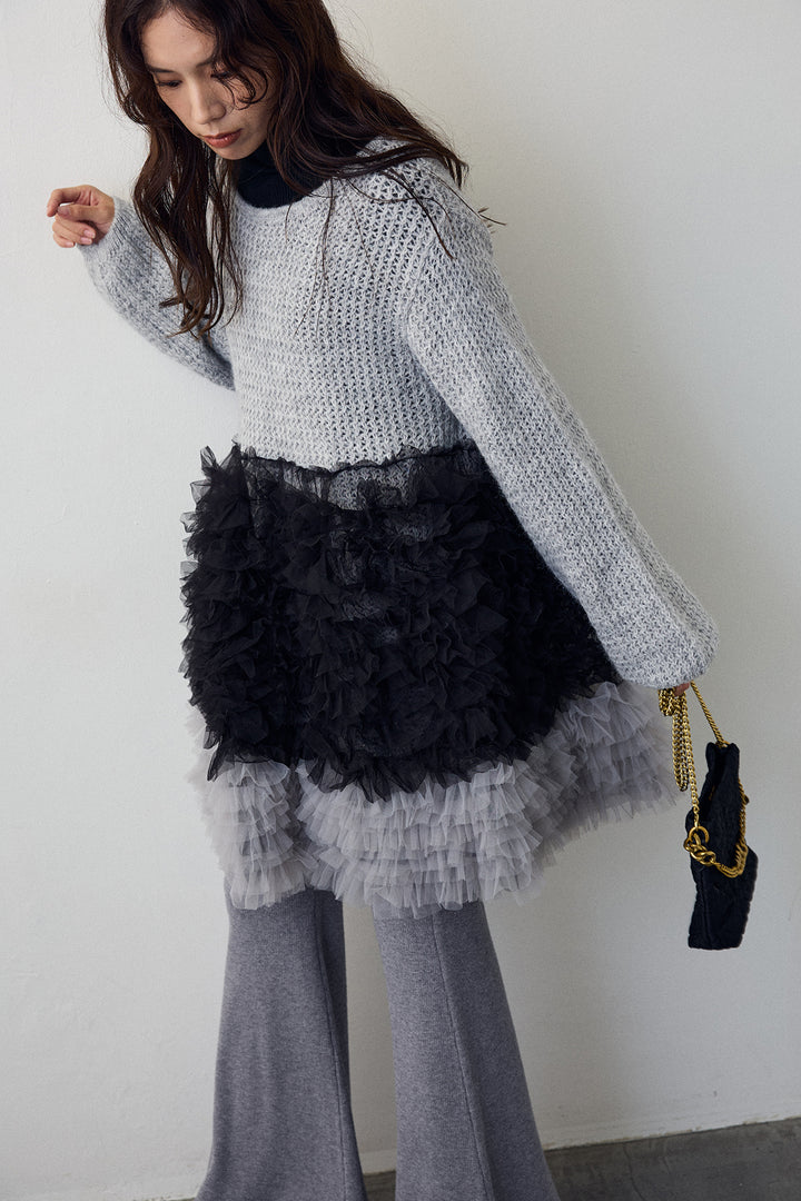 [予約/SET]ホイップチュールドッキングニットワンピ+リブストレッチフレアニットパンツ(2set)