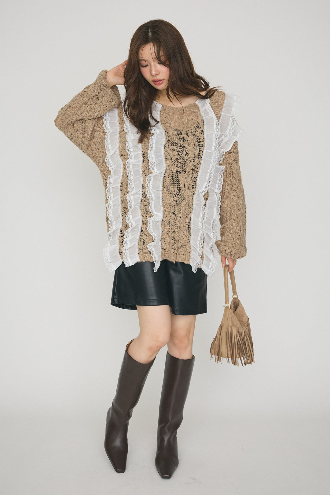 [予約/SET]シアーフリルデコレーションニット+フェイクレザーベーシックパンツ(2set)