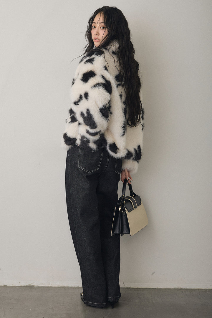 [予約/SET]COW柄スタンドファーライクコート+ウエストアシメデニムパンツ(2set)