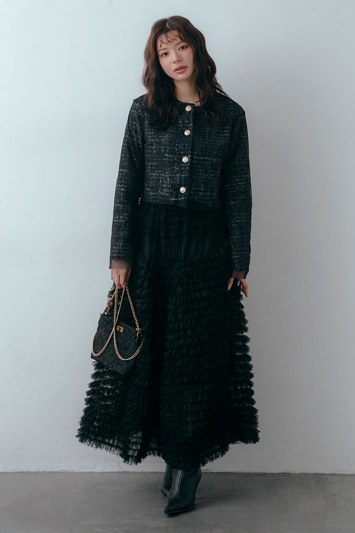 [予約/SET]ツイード×チュールレイヤードクロップドジャケット+ホイップチュールティアードスカート(2set)