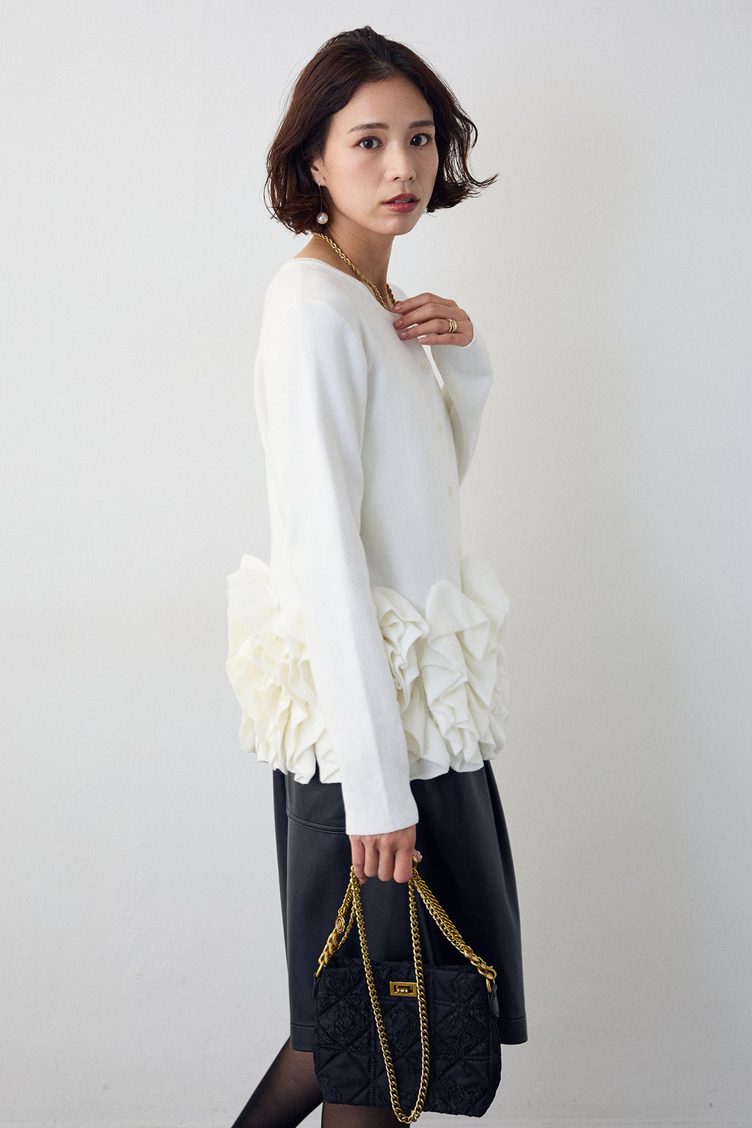 [予約/SET]フリルホイップニットカーディガン+レザーライクハーフパンツ(2set)