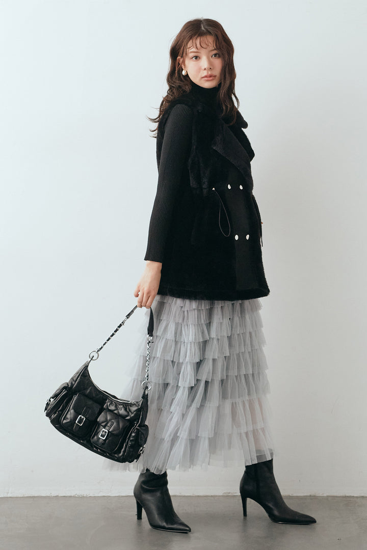 [予約/SET]ベーシックリブタートルニット+テディボアウエストドロストベスト+グラデーションチュールティアードスカート(3set)