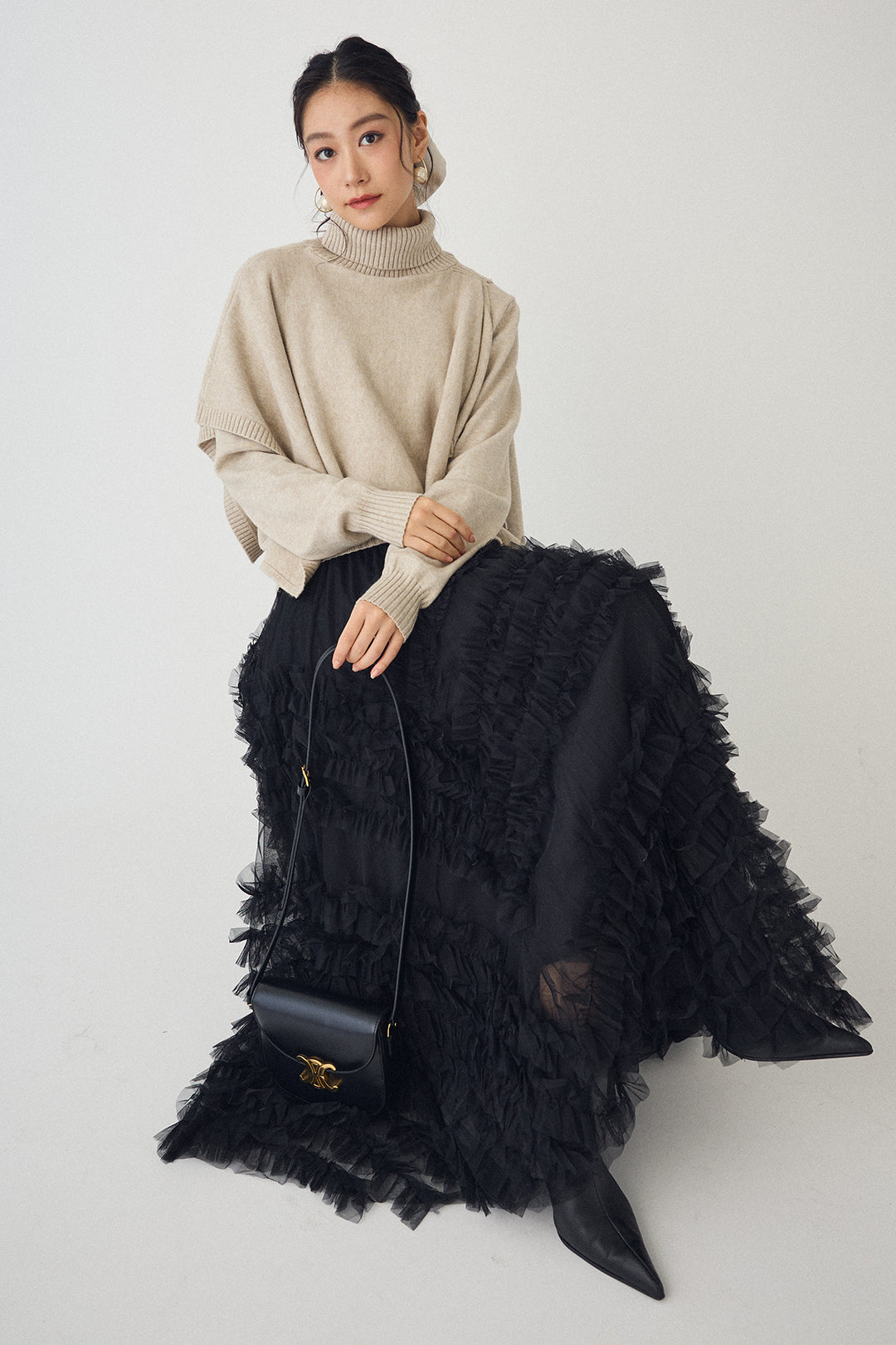 [予約/SET]アシメケープ2wayニット+スフレアシメチュールスカート(2set)