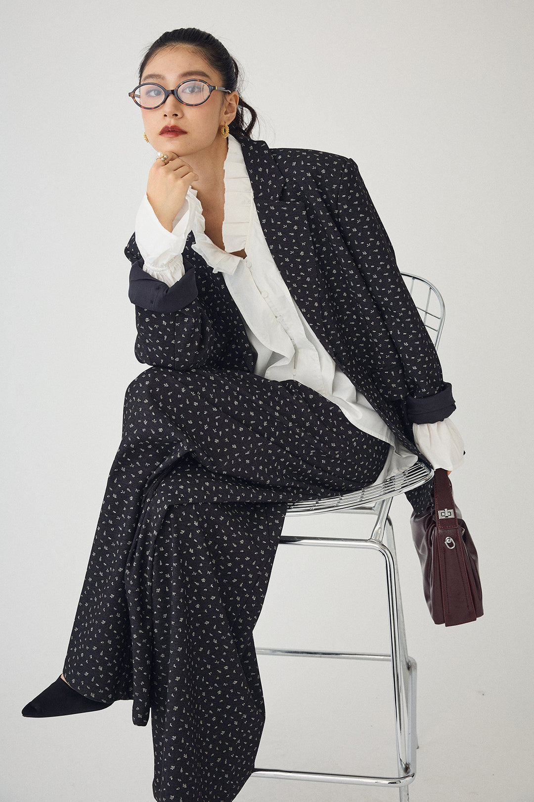 [予約/SET]ダブルプリーツカラーブラウス+ヴィンテージフラワー柄セットアップ(2set)