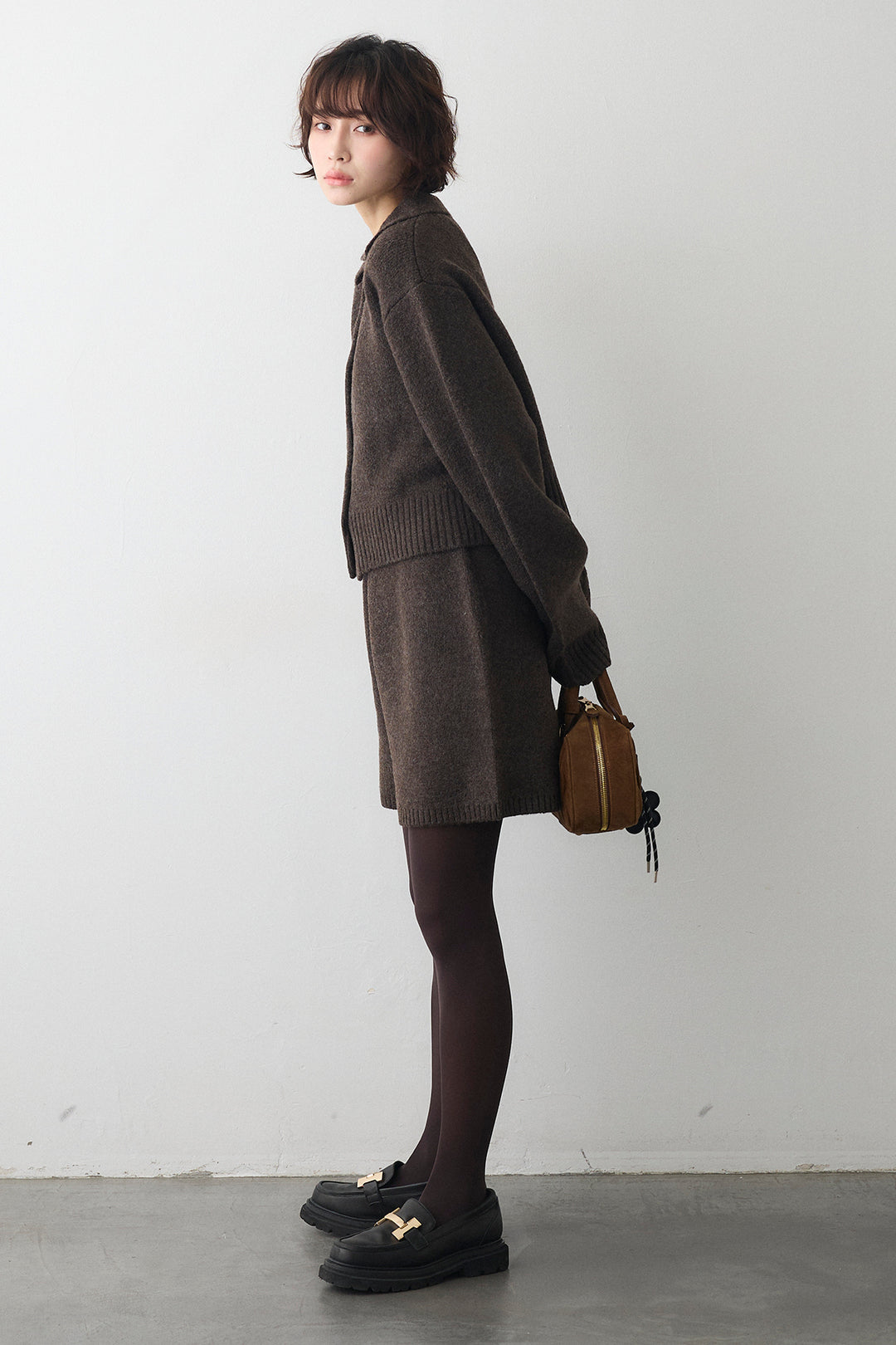 [予約/SET]メランジニットポロ襟クロップドカーデ+メランジニットショートパンツ(2set)