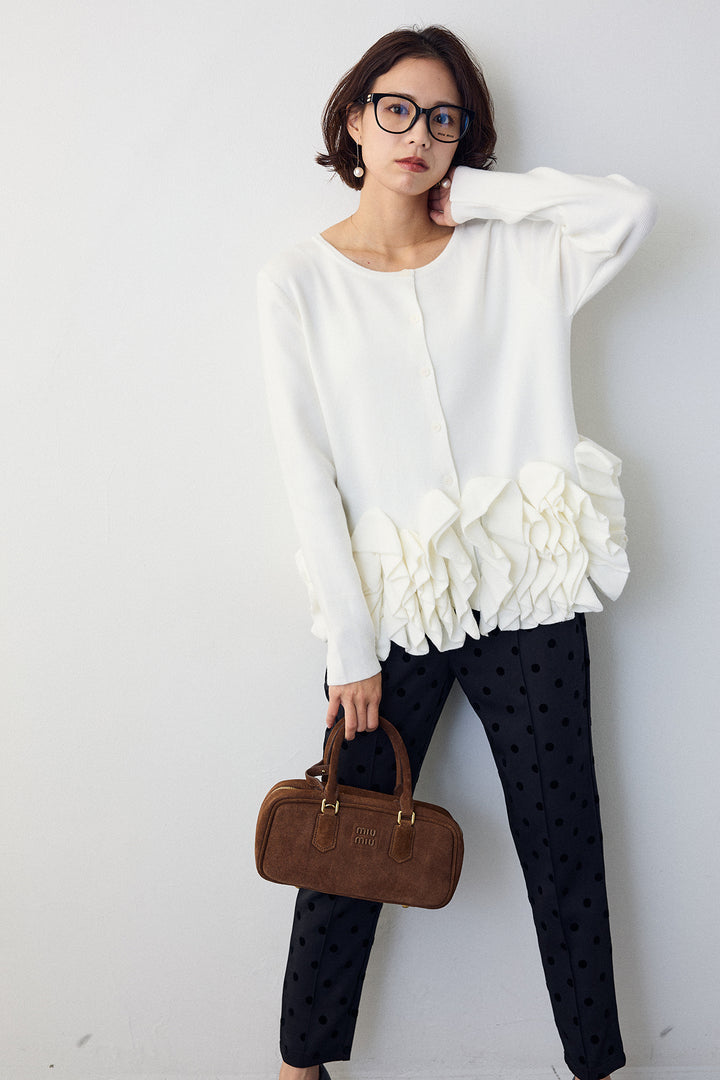 [予約/SET]フリルホイップニットカーディガン+ドット柄センターラインテーパードパンツ(2set)