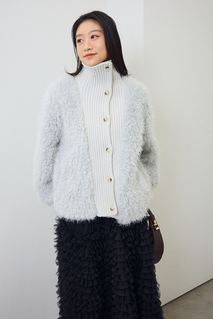 [予約/SET]シャギーファー×リブニットミックスジャケット+ホイップチュールティアードスカート(2set)
