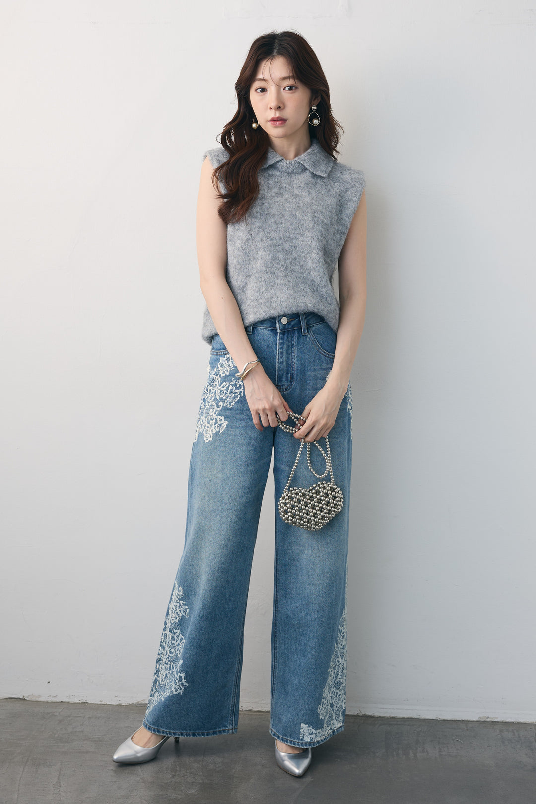[予約/SET]モヘア起毛ポロベスト+レースプリントデザインデニムパンツ(2set)