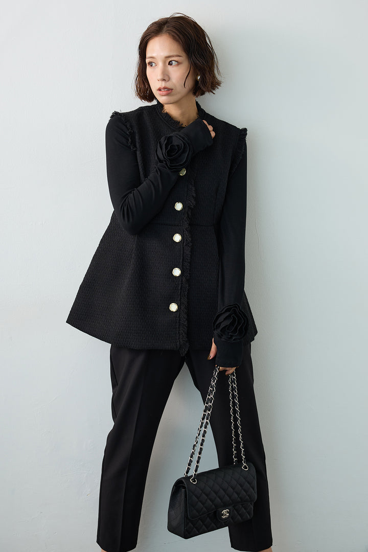 [予約/SET]フラワーモチーフポイントカットトップス+ツイードペプラム美フォルムジレ(2set)