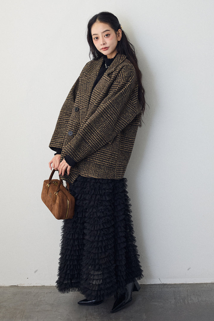 [予約/SET]チェック柄ボクシーコート+ホイップチュールティアードスカート(2set)