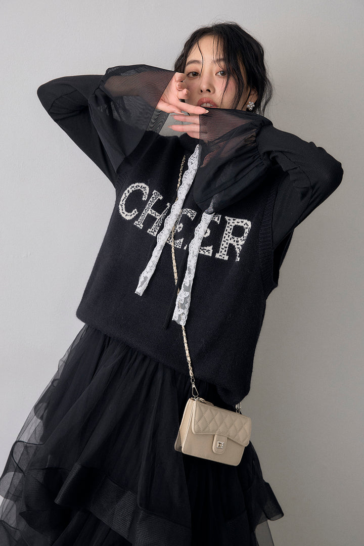 [予約/SET]レースリボンロゴフードスリーブレスニット+ランダムフリルティアードボリュームスカート(2set)