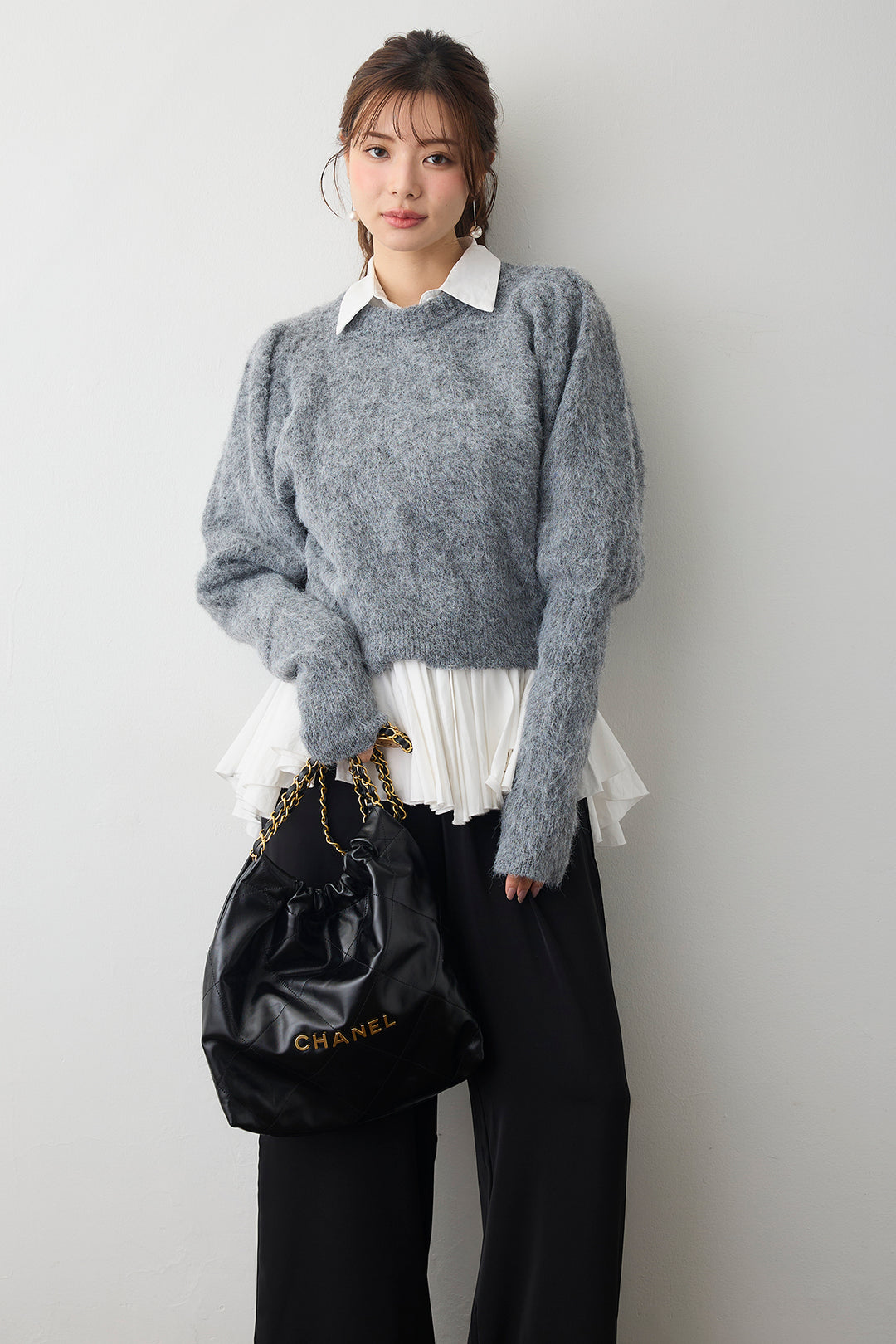 [予約/SET]モヘアパフスリーブプルオーバー+パネルフレアヘムシャツ+とろみドロストワイドパンツ(3set)