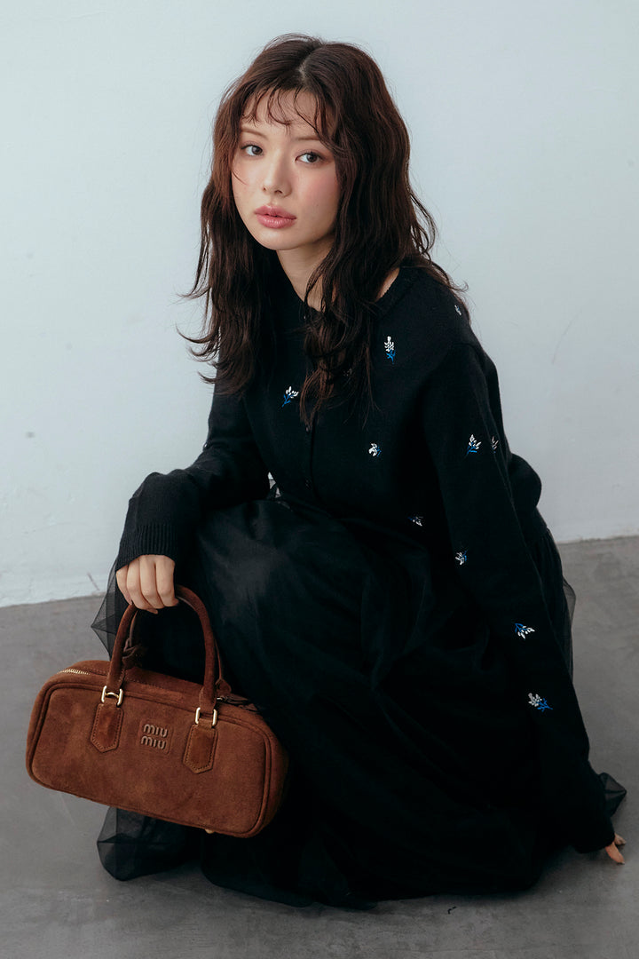 [予約/SET]ニュアンスフラワー刺繍クロップドニットカーデ+マルチパターンタックチュールスカート(2set)