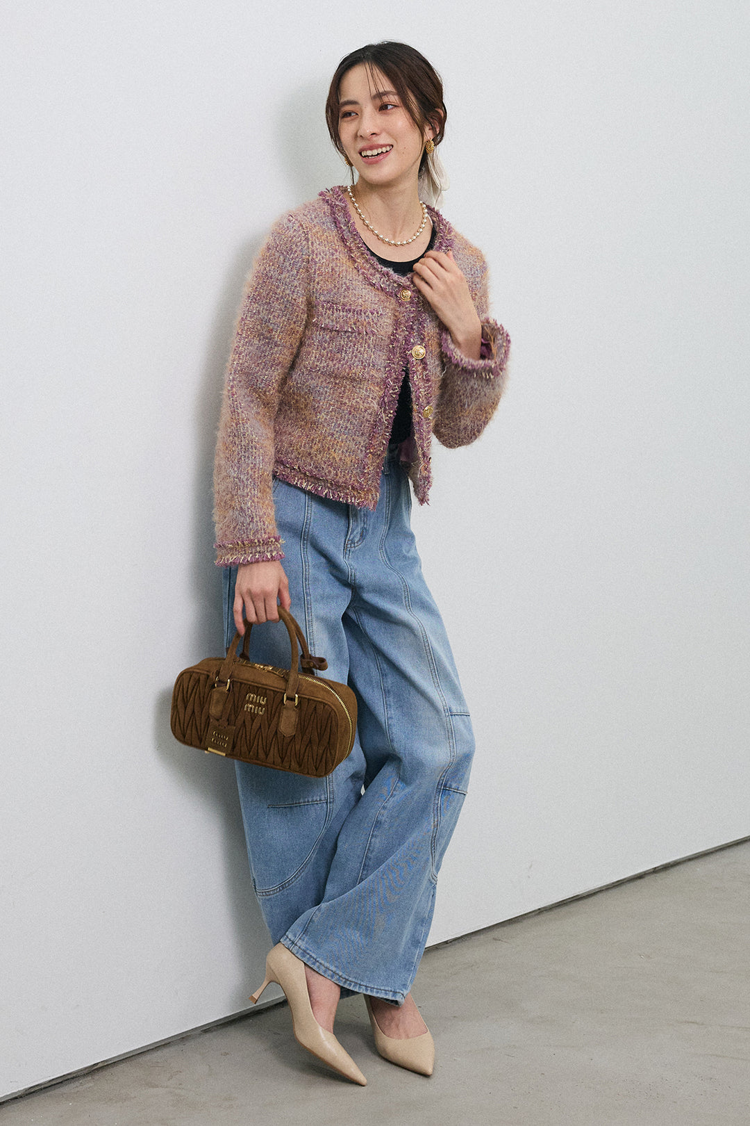 [予約/SET]カラーミックスツイードジャケット+ステッチ美ラインカーブデニムパンツ(2set)