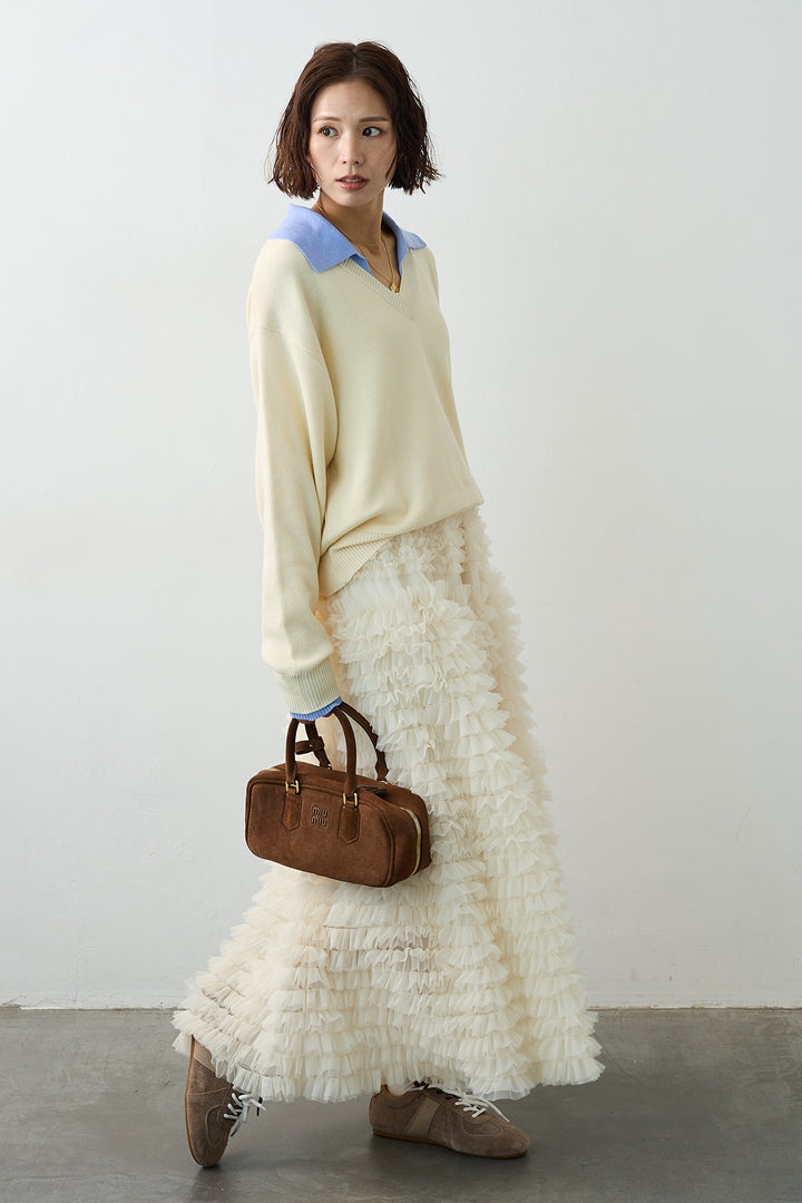 [予約/SET]配色襟レイヤード風ニット+ホイップチュールティアードスカート(2set)