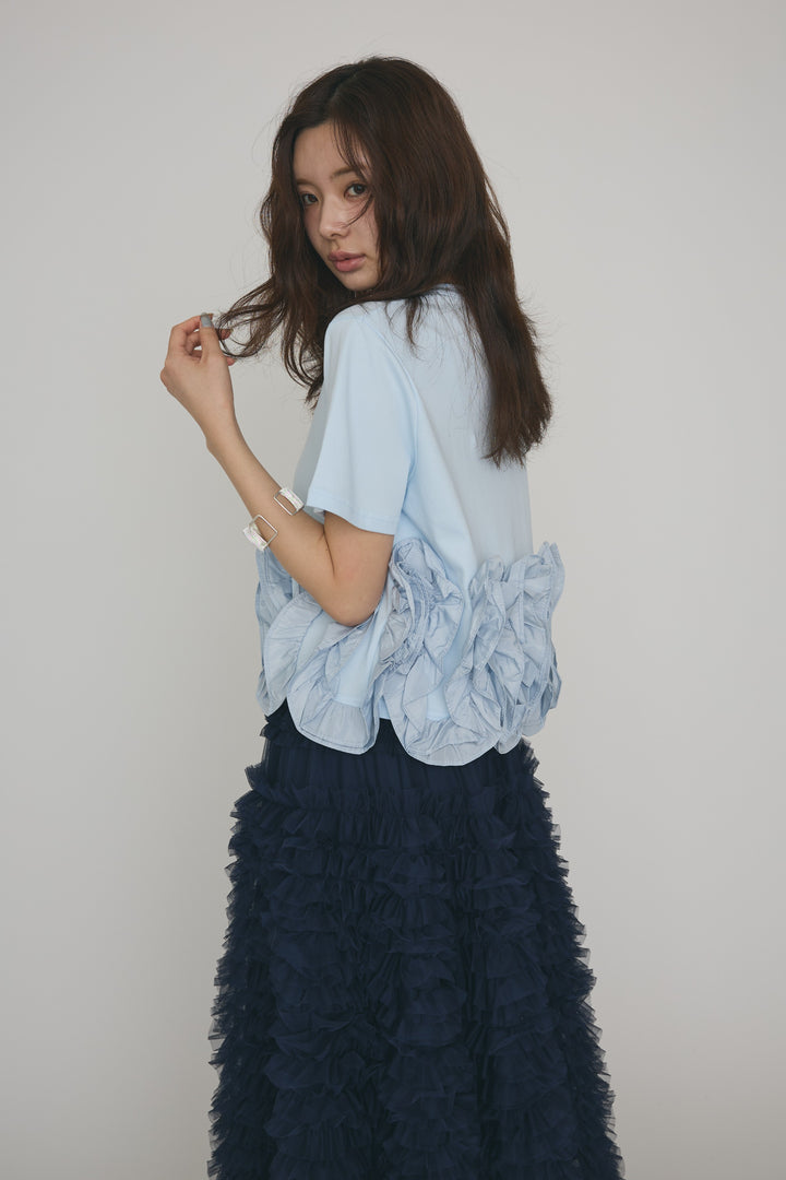 [予約/SET]フリルウェーブヘムカットTシャツ+ホイップチュールティアードスカート(2set)