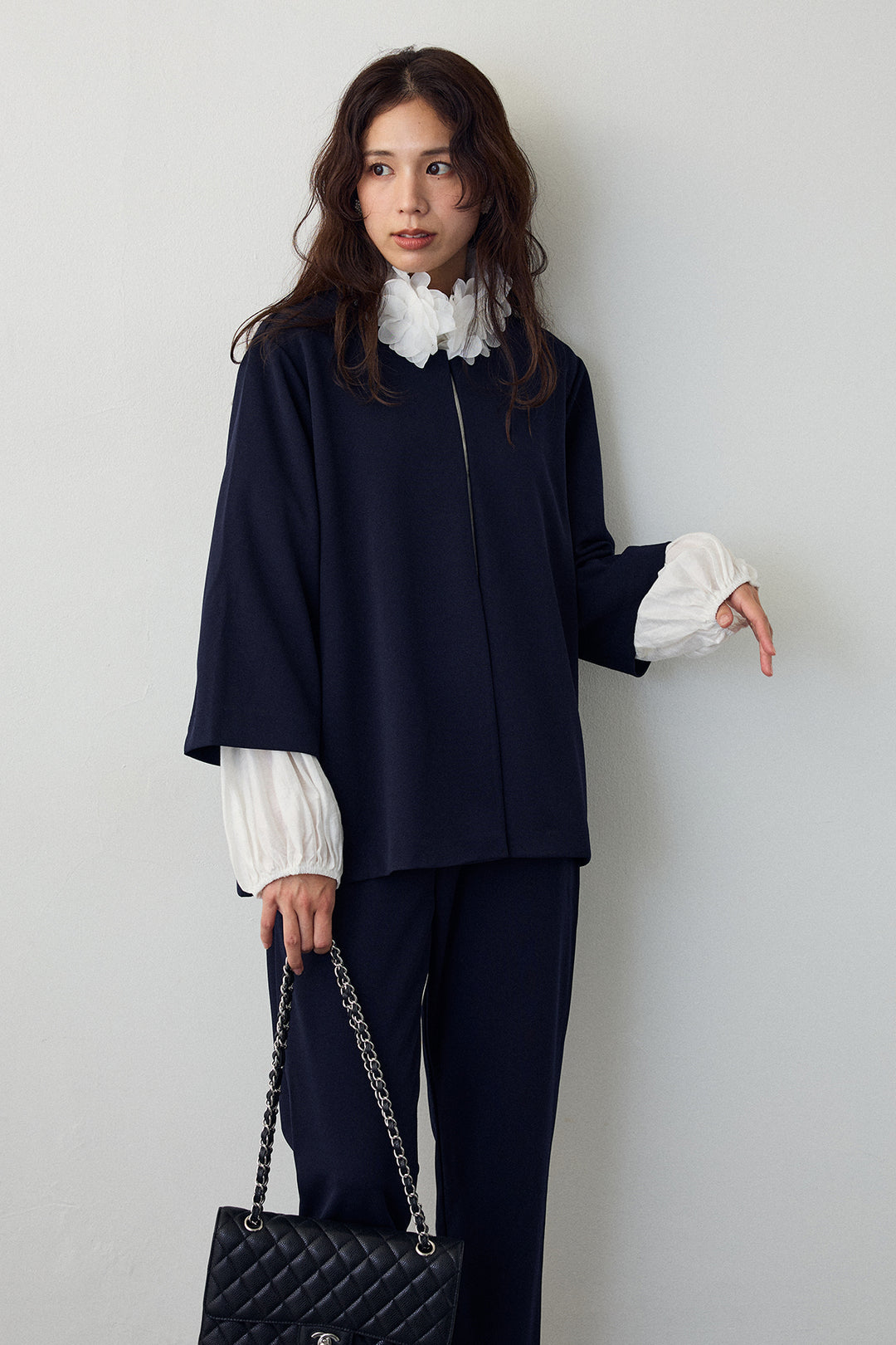 [予約/SET]フラワーフリルネックブラウス+ノーカラージョーゼットセットアップ(2set)