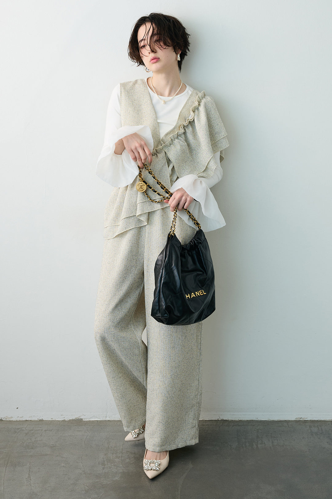 [予約/SET]サイドギャザーフレアチュールカフストップス+サマーツイードマルチウェイロンパース(2set)